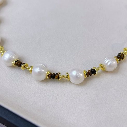 Brown Tiger Eye Gemstone Baroque Pearl Necklace